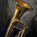Golden brass jazz music wall art print featuring a trumpet close-up with espresso and deep blue tones for elegant interiors