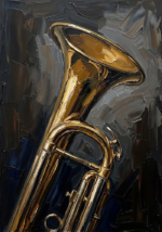 Golden brass jazz music wall art print featuring a trumpet close-up with espresso and deep blue tones for elegant interiors