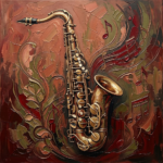 Oxblood and olive jazz prints featuring a vintage saxophone with warm red tones for elegant interiors