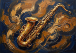Ochre and navy jazz art prints featuring a vintage saxophone with golden highlights and deep blue shadows for elegant interiors