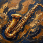 Ochre and navy jazz art prints featuring a vintage saxophone with golden highlights and deep blue shadows for elegant interiors