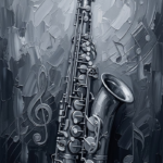 Graphite jazz canvas wall art featuring a vertical saxophone with charcoal shadows and silver highlights for elegant interiors