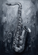 Graphite jazz canvas wall art featuring a vertical saxophone with charcoal shadows and silver highlights for elegant interiors