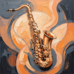 Apricot saxophone wall art featuring a vintage saxophone with peach highlights and slate accents for elegant interiors