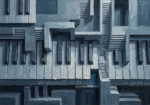 Slate blue piano keys wall art print featuring an abstract geometric keyboard composition with layered tones for elegant interiors
