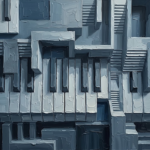 Slate blue piano keys wall art print featuring an abstract geometric keyboard composition with layered tones for elegant interiors