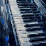 Navy and cobalt piano keyboard wall art print featuring ivory keys, silver highlights, and layered reflections for elegant interiors