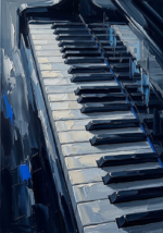 Navy and cobalt piano keyboard wall art print featuring ivory keys, silver highlights, and layered reflections for elegant interiors