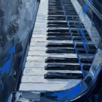 Midnight blue piano keyboard wall art print featuring a grand piano design with cobalt accents and silver highlights for elegant interiors