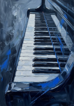 Midnight blue piano keyboard wall art print featuring a grand piano design with cobalt accents and silver highlights for elegant interiors