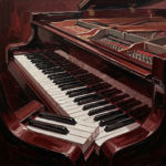 Burgundy piano wall art print featuring a grand piano keyboard with rich shadows and elegant reflections for sophisticated interiors