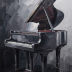 Graphite grand piano wall art print featuring silver highlights and rose accents with dramatic shadows for elegant interiors