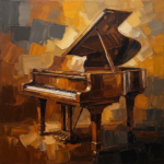 Bronze piano art print featuring a classic piano with golden highlights, amber tones, and elegant shadows for refined interiors