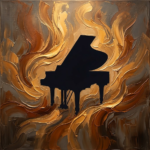 Honey bronze piano art print featuring a grand piano silhouette with golden flowing forms and layered details for elegant interiors