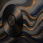 Espresso Gallery vinyl record wall art featuring a classic vinyl record with sculptural sound waves, amber highlights, and deep charcoal tones for elegant interiors