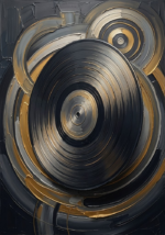 Charcoal and gold record wall art featuring a vintage vinyl record with elegant layered circular forms for sophisticated interiors