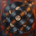 Rust red gallery wall art with vinyl records featuring layered vintage records in a sculptural circular composition for elegant interiors