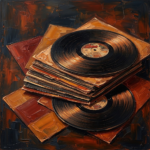 Rust Red Gallery wall art with vinyl records featuring stacked vintage records and warm abstract textures for sophisticated interiors