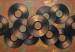 Clay & Moss vinyl record wall decor featuring layered vintage records with terracotta and moss green tones for elegant interiors