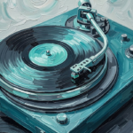 Sea Glass Modern record player wall decor featuring a vintage turntable with teal and aqua tones for elegant interiors