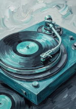 Sea Glass Modern record player wall decor featuring a vintage turntable with teal and aqua tones for elegant interiors