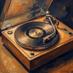 Ochre and navy vintage record player art featuring a classic turntable with a spinning vinyl record for elegant interiors