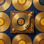 Ochre and navy vintage record player art featuring a classic turntable surrounded by vinyl records for sophisticated interiors