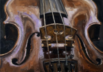 Sepia and violet violin wall art print featuring a detailed close-up of violin strings, bridge, and carved wooden curves for elegant interiors