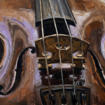 Sepia and violet violin wall art print featuring a detailed close-up of violin strings, bridge, and carved wooden curves for elegant interiors
