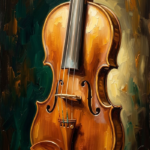 Amber and emerald wall art violin print featuring a classical violin with warm golden tones and elegant craftsmanship for refined interiors