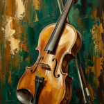 Amber and emerald wall art violin print featuring a vintage violin against a textured abstract background for elegant interiors