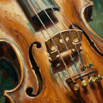 Amber and emerald wall art violin print featuring a close-up of violin bridge, strings, and carved wooden body for elegant interiors