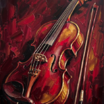 Merlot and antique gold framed violin art print featuring a vintage violin with sculptural details for elegant interiors