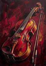 Merlot and antique gold framed violin art print featuring a vintage violin with sculptural details for elegant interiors