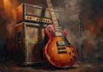Rust Red Gallery rock and roll wall art featuring a vintage electric guitar and amplifier with dramatic stage lighting for stylish interiors