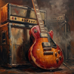 Rust Red Gallery rock and roll wall art featuring a vintage electric guitar and amplifier with dramatic stage lighting for stylish interiors