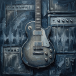 Dusty Blue Gallery rock music prints featuring a vintage electric guitar with abstract sound waves and refined musical details for elegant interiors