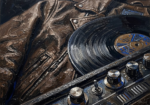 Walnut & Blue vintage rock posters featuring a vinyl record, leather texture, and amplifier details with bold rock era atmosphere for elegant interiors