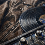 Walnut & Blue vintage rock posters featuring a vinyl record, leather texture, and amplifier details with bold rock era atmosphere for elegant interiors
