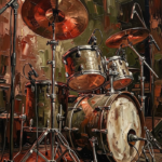 Oxblood and olive punk rock wall art print featuring a vintage drum kit, oversized cymbals, and rugged stage equipment