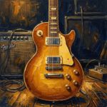 Ochre and navy rock and roll prints featuring a classic electric guitar with golden lighting and musical stage details
