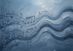 Dusty blue gallery music note wall art featuring flowing musical notes and abstract wave forms