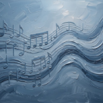 Dusty blue gallery music note wall art featuring flowing musical notes and abstract wave forms