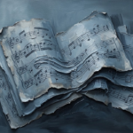 Dusty blue gallery music note wall art featuring antique sheet music textures and layered musical forms
