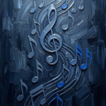 Silver and cobalt music notes wall decor featuring floating musical symbols in a deep atmospheric composition