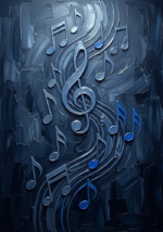 Silver and cobalt music notes wall decor featuring floating musical symbols in a deep atmospheric composition