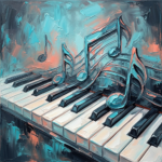 Turquoise and coral musical notes wall art print featuring a sculptural piano keyboard and rising notes for elegant interiors