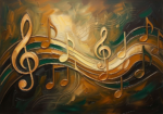Amber and emerald music note art prints featuring flowing musical symbols and abstract sound waves for elegant interiors