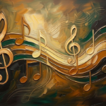 Amber and emerald music note art prints featuring flowing musical symbols and abstract sound waves for elegant interiors