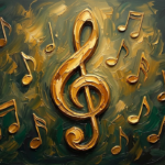 Amber and emerald music note art prints featuring a vintage treble clef and floating musical notes for elegant interiors